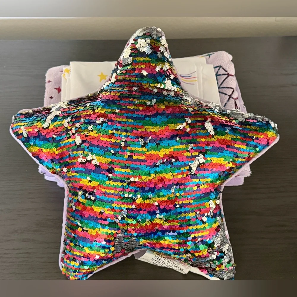 *5 Piece Set*Sequin Rainbow Star Pillow and Unicorn/Star Pillow Cases